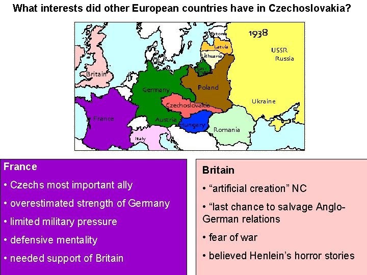 What interests did other European countries have in Czechoslovakia? France Britain • Czechs most