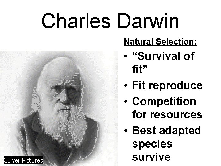 Charles Darwin Natural Selection: • “Survival of fit” • Fit reproduce • Competition for