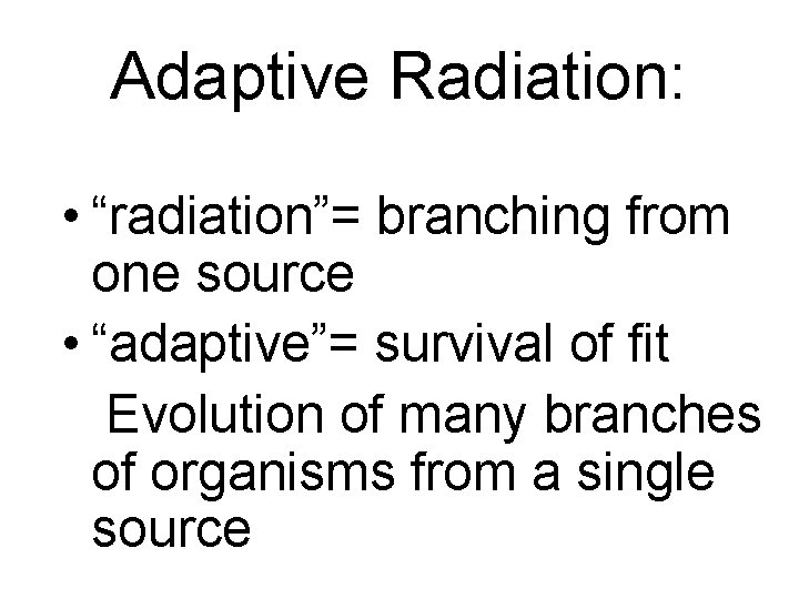 Adaptive Radiation: • “radiation”= branching from one source • “adaptive”= survival of fit Evolution