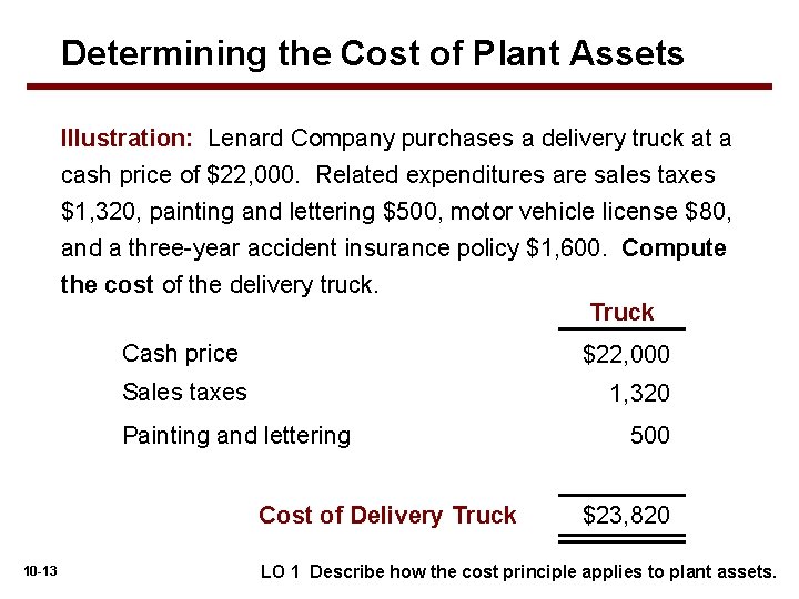 Determining the Cost of Plant Assets Illustration: Lenard Company purchases a delivery truck at