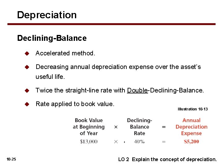 Depreciation Declining-Balance 10 -25 u Accelerated method. u Decreasing annual depreciation expense over the