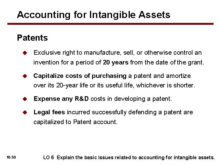 Accounting for Intangible Assets Patents 10 -50 u Exclusive right to manufacture, sell, or
