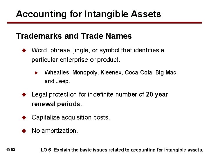 Accounting for Intangible Assets Trademarks and Trade Names u Word, phrase, jingle, or symbol