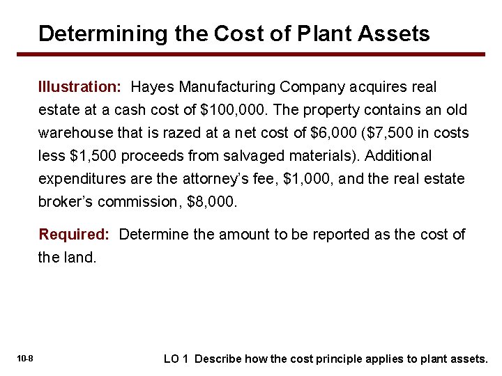 Determining the Cost of Plant Assets Illustration: Hayes Manufacturing Company acquires real estate at