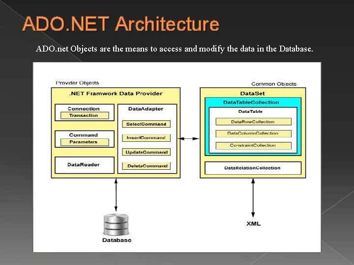 ADO. NET Architecture ADO. net Objects are the means to access and modify the