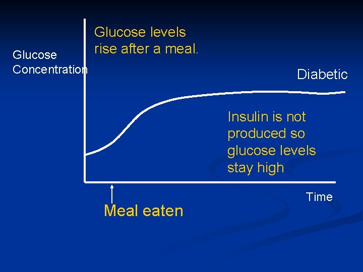Glucose Concentration Glucose levels rise after a meal. Diabetic Insulin is not produced so