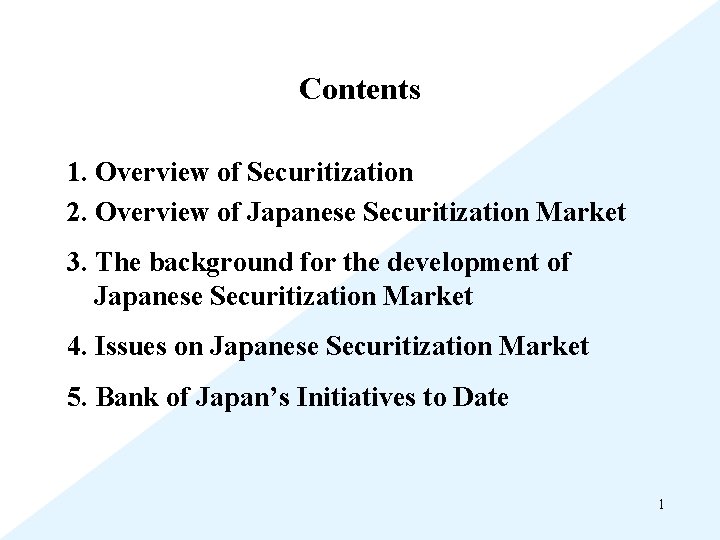 Contents 1. Overview of Securitization 2. Overview of Japanese Securitization Market 3. The background