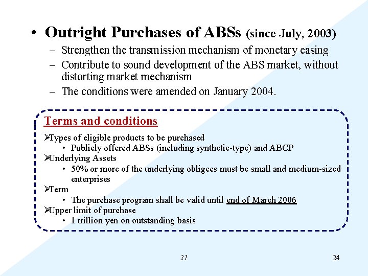  • Outright Purchases of ABSs (since July, 2003) – Strengthen the transmission mechanism