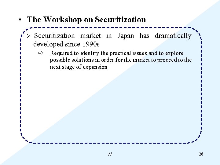  • The Workshop on Securitization Ø Securitization market in Japan has dramatically developed