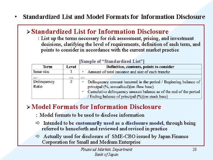  • Standardized List and Model Formats for Information Disclosure Ø Standardized List for