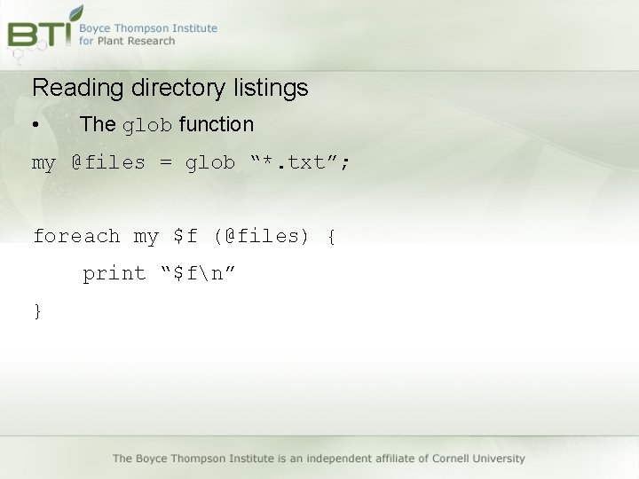 Reading directory listings • The glob function my @files = glob “*. txt”; foreach Reading directory listings • The glob function my @files = glob “*. txt”; foreach