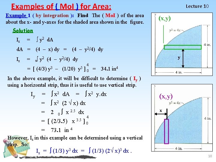 Examples of ( Mo. I ) for Area: Lecture 10 Example 1 ( by