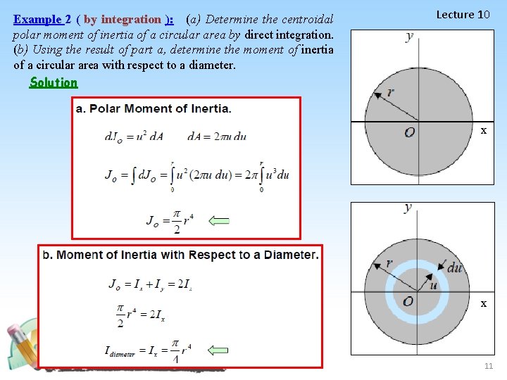 Example 2 ( by integration ): (a) Determine the centroidal polar moment of inertia