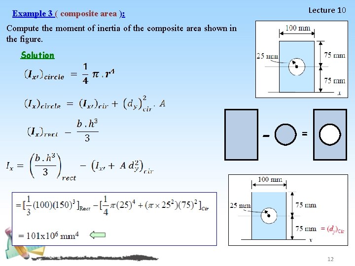 Lecture 10 Example 3 ( composite area ): Compute the moment of inertia of