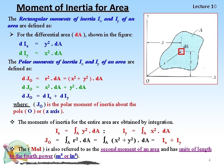 Moment of Inertia for Area Lecture 10 The Rectangular moments of inertia Ix and