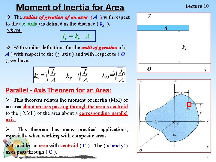 Moment of Inertia for Area Lecture 10 v The radius of gyration of an