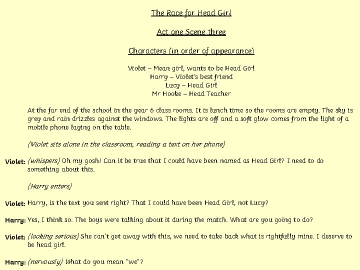 The Race for Head Girl Act one Scene three Characters (in order of appearance)