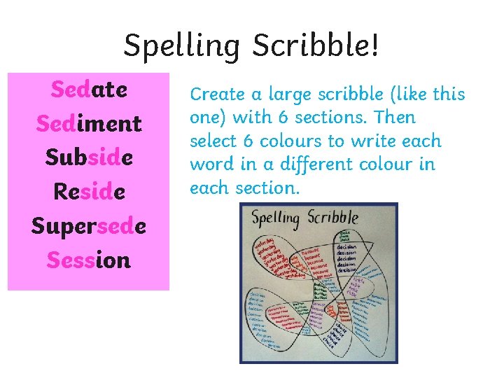 Spelling Scribble! Sedate Sediment Subside Reside Supersede Session Create a large scribble (like this