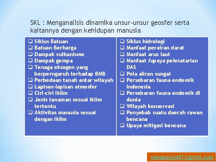 SKL : Menganalisis dinamika unsur-unsur geosfer serta kaitannya dengan kehidupan manusia q q q