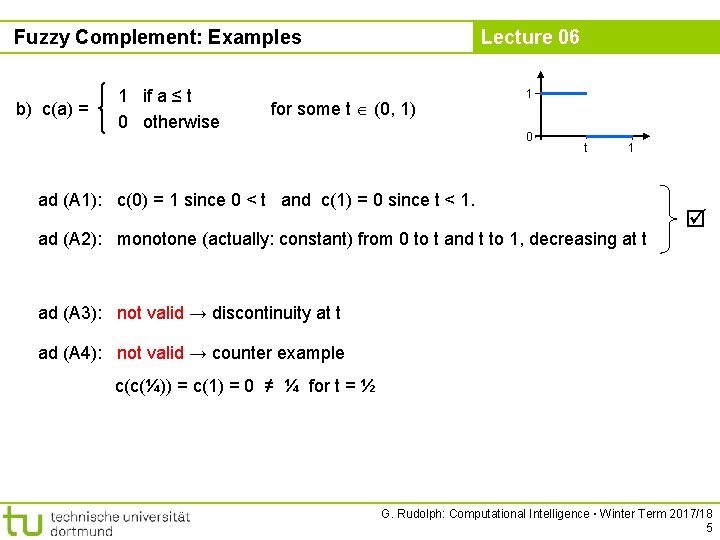 Fuzzy Complement: Examples b) c(a) = 1 if a ≤ t 0 otherwise Lecture