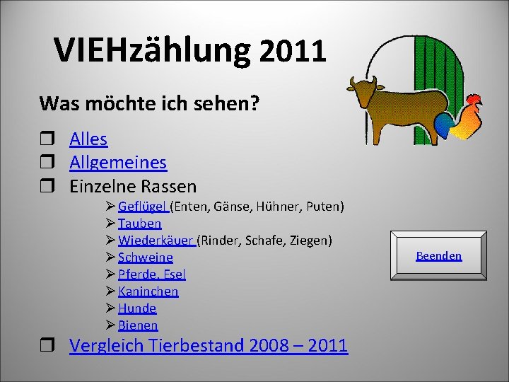 VIEHzählung 2011 Was möchte ich sehen? Alles Allgemeines Einzelne Rassen Ø Geflügel (Enten, Gänse,