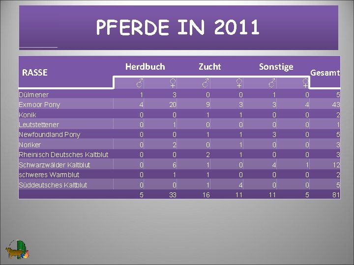 PFERDE IN 2011 RASSE Dülmener Exmoor Pony Konik Leutstettener Newfoundland Pony Noriker Rheinisch Deutsches