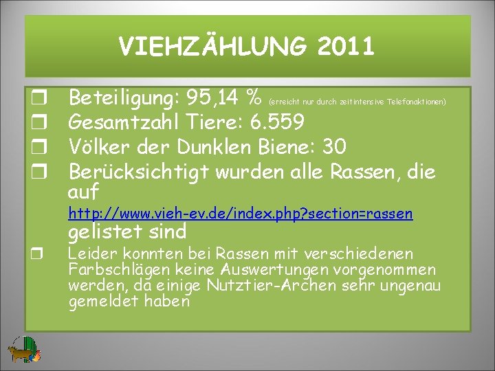 VIEHZÄHLUNG 2011 Beteiligung: 95, 14 % Gesamtzahl Tiere: 6. 559 Völker der Dunklen Biene: