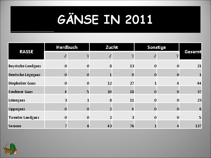 GÄNSE IN 2011 RASSE Herdbuch Zucht Sonstige Gesamt ♂ ♀ ♂ ♀ Bayrische Landgans