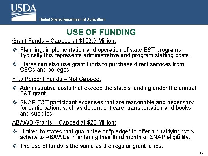 United States Department of Agriculture USE OF FUNDING Grant Funds – Capped at $103.