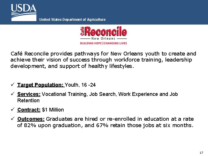 United States Department of Agriculture Café Reconcile provides pathways for New Orleans youth to