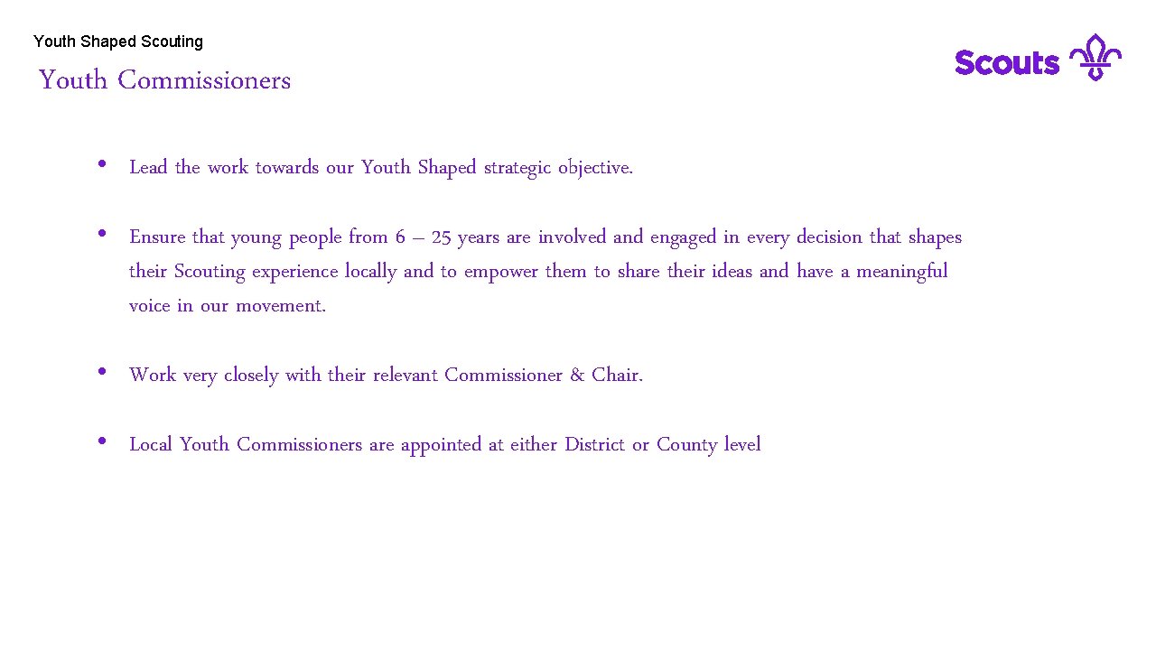 Youth Shaped Scouting Youth. Commissioners • Lead the work towards our Youth Shaped strategic
