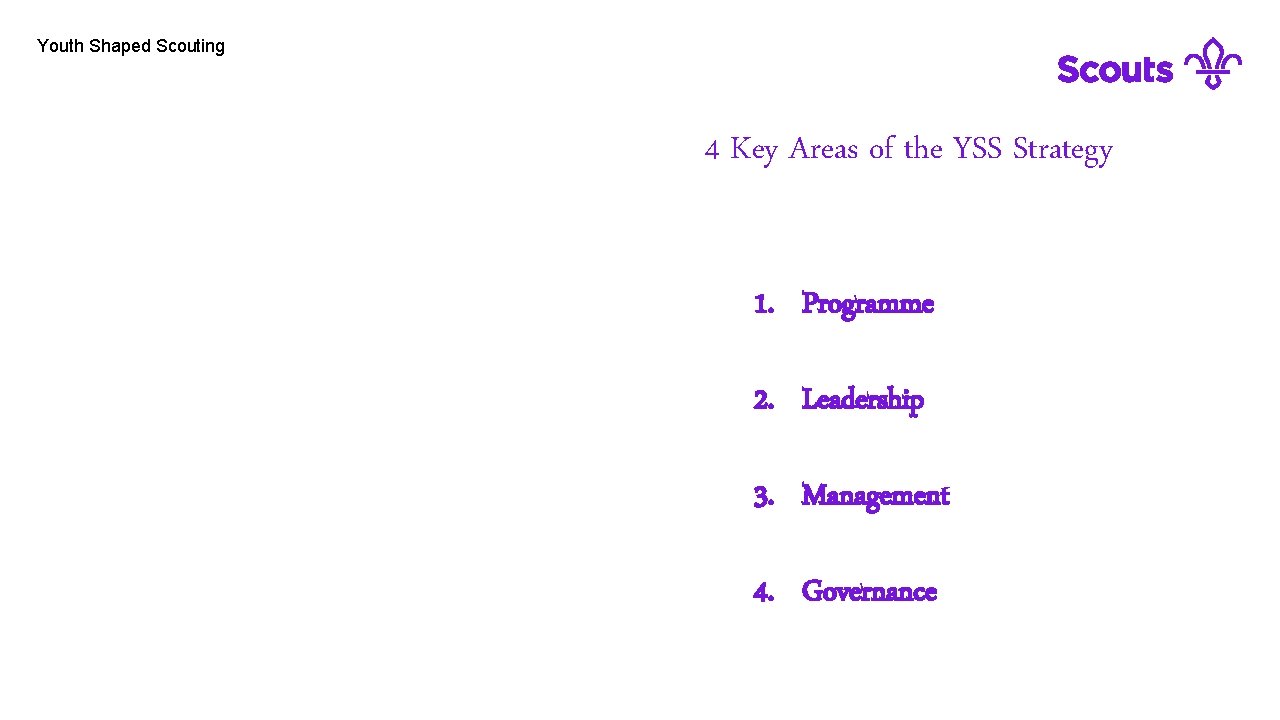 Youth Shaped Scouting 4 Key Areas of the YSS Strategy 1. Programme 2. Leadership