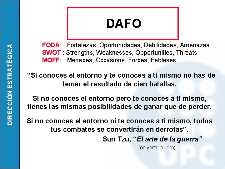 DIRECCIÓN ESTRATÉGICA DAFO FODA: Fortalezas, Oportunidades, Debilidades, Amenazas SWOT : Strengths, Weaknesses, Opportunities, Threats