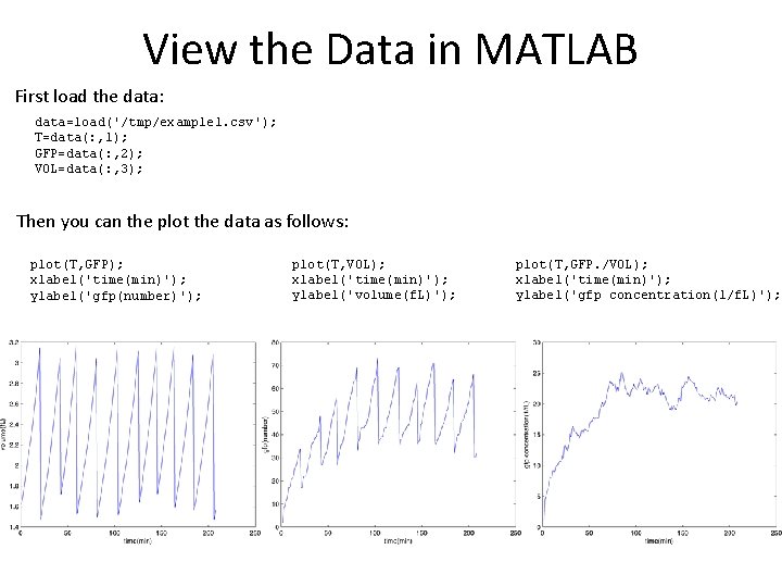 View the Data in MATLAB First load the data: data=load('/tmp/example 1. csv'); T=data(: ,