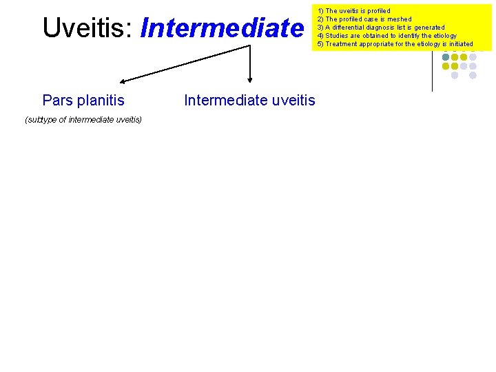 Uveitis: Intermediate Pars planitis (subtype of intermediate uveitis) Intermediate uveitis 1) The uveitis is