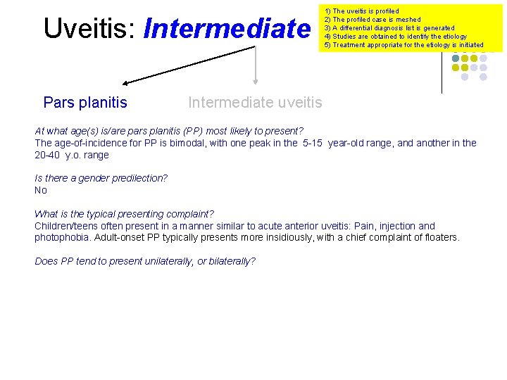 Uveitis: Intermediate Pars planitis 1) The uveitis is profiled 2) The profiled case is