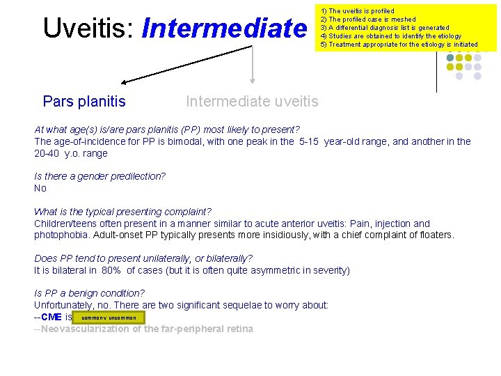 Uveitis: Intermediate Pars planitis 1) The uveitis is profiled 2) The profiled case is