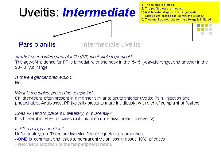 Uveitis: Intermediate Pars planitis 1) The uveitis is profiled 2) The profiled case is