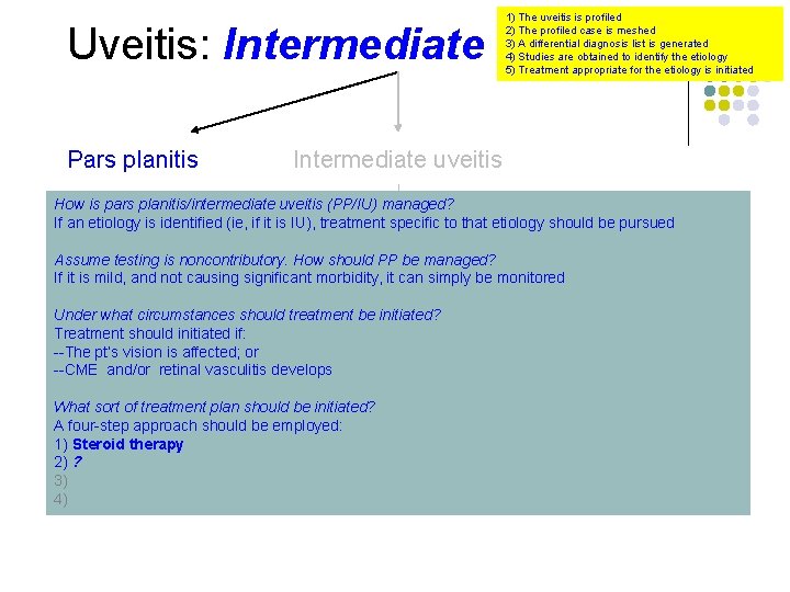 Uveitis: Intermediate Pars planitis 1) The uveitis is profiled 2) The profiled case is