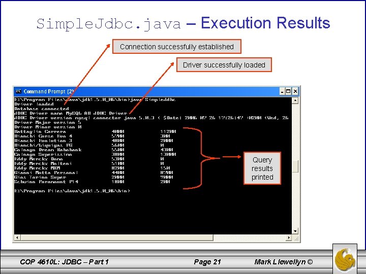 Simple. Jdbc. java – Execution Results Connection successfully established Driver successfully loaded Query results