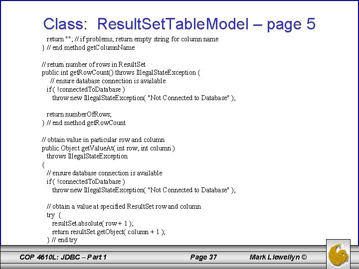 Class: Result. Set. Table. Model – page 5 return ""; // if problems, return