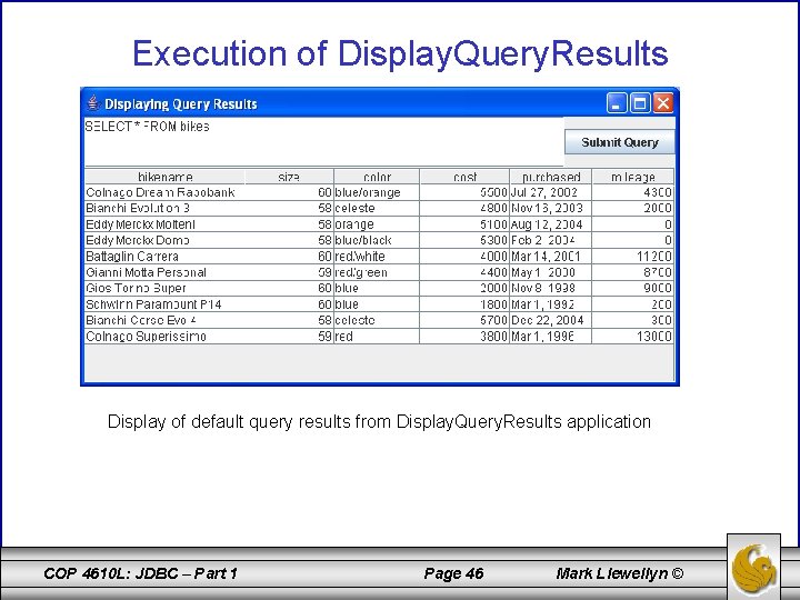 Execution of Display. Query. Results Display of default query results from Display. Query. Results
