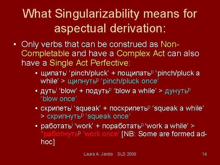 What Singularizability means for aspectual derivation: • Only verbs that can be construed as