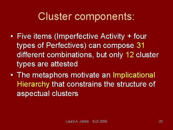 Cluster components: • Five items (Imperfective Activity + four types of Perfectives) can compose