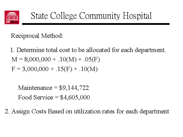 State College Community Hospital Reciprocal Method: 1. Determine total cost to be allocated for