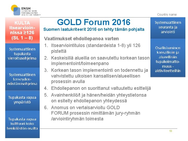 Country name GOLD Forum 2016 Suomen laatukriteerit 2016 on tehty tämän pohjalta Vaatimukset ehdollepanoa