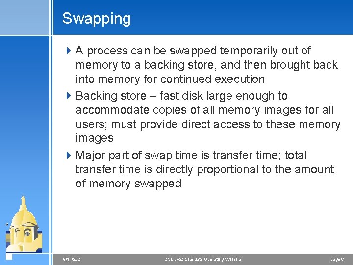 Swapping 4 A process can be swapped temporarily out of memory to a backing