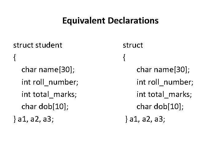 Equivalent Declarations struct student { char name[30]; int roll_number; int total_marks; char dob[10]; }