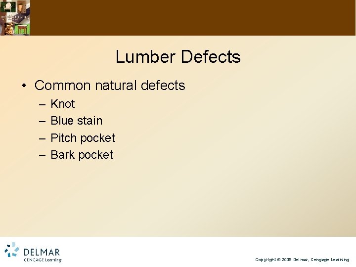 Lumber Defects • Common natural defects – – Knot Blue stain Pitch pocket Bark