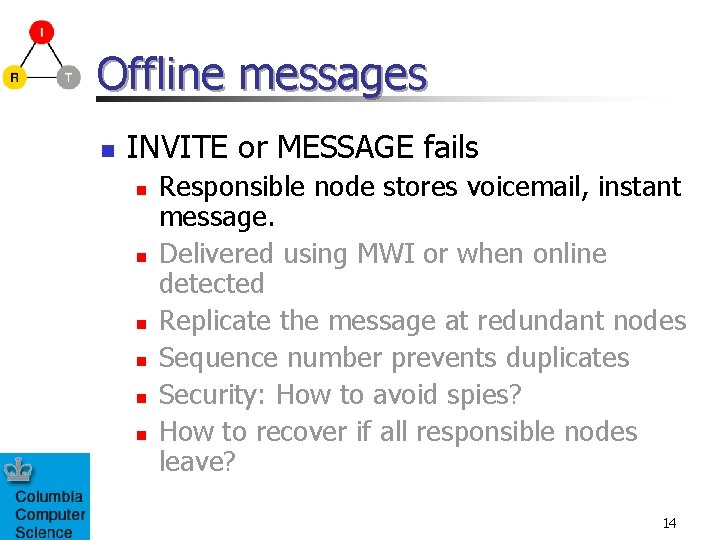 Offline messages n INVITE or MESSAGE fails n n n Responsible node stores voicemail,